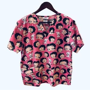 Retro Betty Boop Scrub Nursing Top Medical Pink Cartoon M Scrubs Nurse